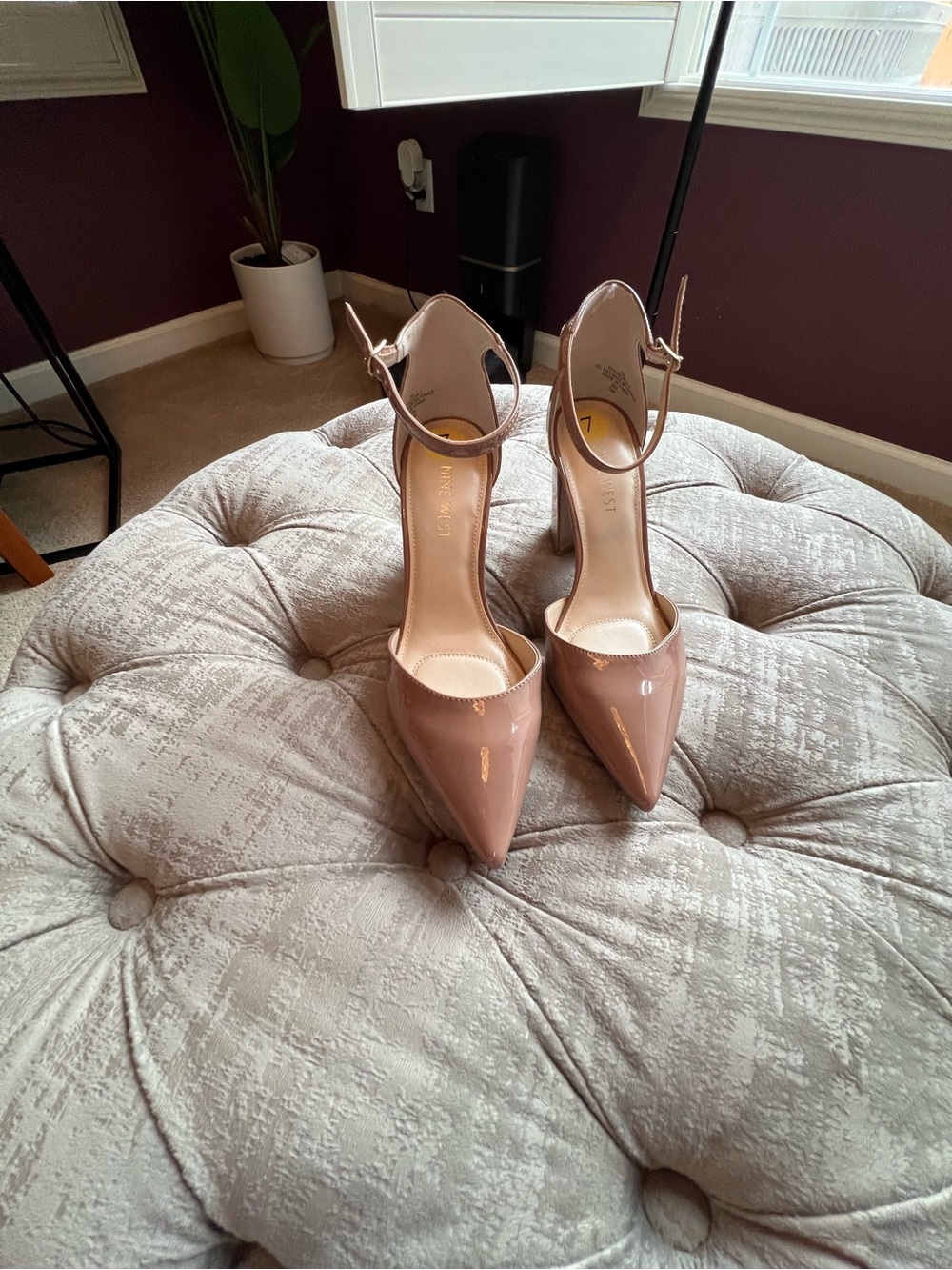 Nine West Glossy Pointed-Toe Ankle-Strap Pumps in Nude